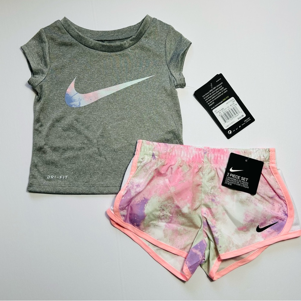 Nike Dri-FIT Baby Tie-Dye T-Shirt & Shorts Set Outfit Grey Pink Sz 12M